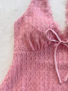 Soleia 女士度假针织条纹提花纹理交叉吊带系带 V 领束腰背心，适合派对、约会、情人节、下午茶、海滩、夏季 - 粉色 - 查看 3