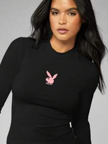 Missguided x Playboy Áo crop top bó tay dài có logo chú thỏ nhỏ Thể thao thường ngày Trang phục thể thao hiện đại Cơ bản Thiết yếu cho mùa thu đông - màu đen - Xem 5