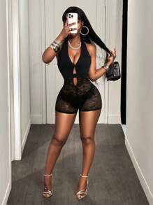 BamGleam 女士蕾丝拼接性感连体短裤 - 黑色 - 查看 2