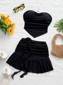 Soleia Women Two Pieces Outfits For Daily Wear Skirt And Top Set Tube Top Sets Beach Skirt Set - Black - View 6
