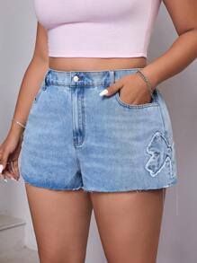 SHEIN EZwear 大码女式夏季淡蓝色磨边蝴蝶刺绣牛仔短裤 - 淺色水洗藍 - 查看 6