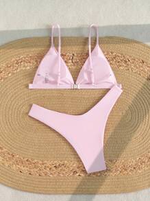 Swim Mod 2件套纯色细肩带比基尼泳装（带可拆卸三角形泳裤） - 淺粉色 - 查看 2