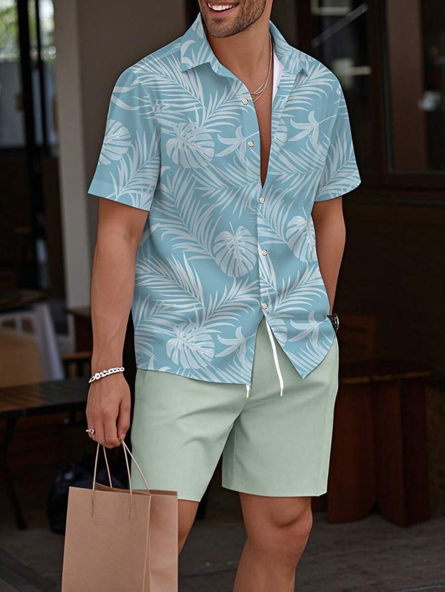Manfinity RSRT Conjunto de 2 piezas de camisa hawaiana y pantalones cortos con estampado de hoja de tortuga para hombre - Multicolor - Ver 1