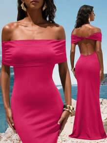 Opulessa Rochie cu umeri goi și spate deschis, mulată din tricot, perfectă pentru vacanță, plajă, petrecere, eveniment formal, ținute de primăvară/vară - Roz fierbinte - Vizualizare 8
