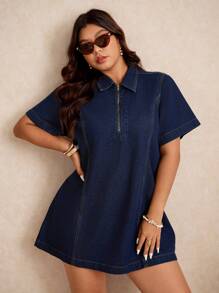 Elaquor Plus Size Casual Mini Denim Dress For Vacation,Business Casual Woman - Dark Wash - View 3