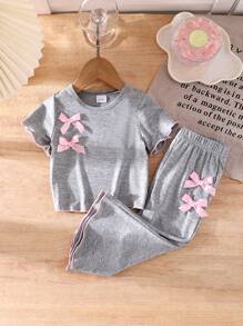 Genkimix Kids Bộ đồ hai mảnh cho bé gái màu xám, gồm áo tay ngắn thắt nơ và quần ống loe, thoải mái để mặc hàng ngày vào mùa hè. - Xám - Xem 9