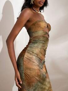 Opulessa 女式紧身针织网眼印花深前开衩露背连衣裙