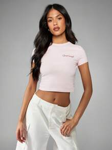 MISSGUIDED Sweet Enough Slogan Baby Tee Crop Top Lace Trim Sleeve Summer Casual Short Sleeve Form Fitting T-Shirt Pastel Basic Top Spring Festival Everyday Essential