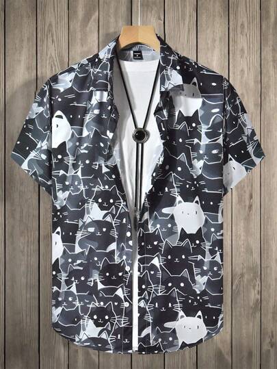 Manfinity Homme 男士猫咪印花短袖衬衫，夏季时尚猫咪衬衫猫咪衬衫男式衬衫图案图案衬衫男士猫咪衬衫男士猫咪衬衫男士衬衫图案