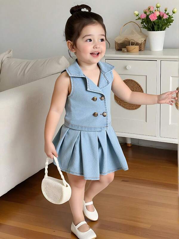 2pcs Baby Girl Casual Set: Washed Light-Color Loose Double-Breasted Lapel Top & Pleated Button Design Denim Mini Skirt, Everyday Minimalist Fashion Versatile Outfit