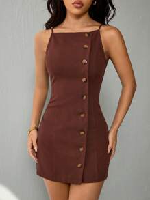 SHEIN PETITE Vestido mini de verano casual para mujer con botones delanteros y tirantes de unicolor - Marrón - Ver 6