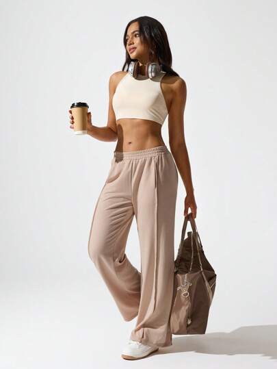 Hanevo Solid Color Elastic Waist Pintuck Detail Casual Versatile Pants Fall Cloth For Women