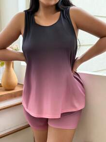 SHEIN Conjunto de pijama de top de tirantes y pantalones cortos de color degradado, ropa informal para tallas grandes - Multicolor - Ver 5