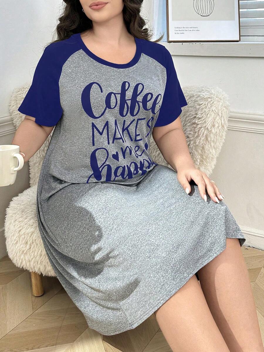 SHEIN Casual Plus Size Letter Print Contrast Color Raglan Sleeve Short Sleeve Nightgown - Light Grey - View 1