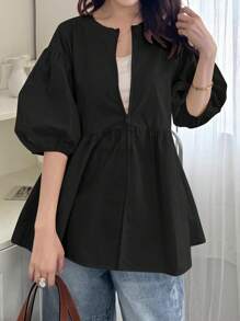 FRIFUL 女士休闲纯色拉链前泡泡袖衬衫，夏季娃娃装上衣 - 黑色 - 查看 1