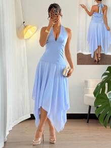 Chiquease Vestido de vacaciones sin mangas de cuello halter, cintura ceñida y dobladillo asimétrico de unicolor