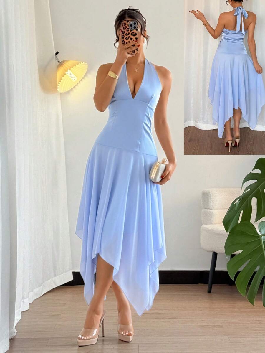 Chiquease Vestido de vacaciones sin mangas de cuello halter, cintura ceñida y dobladillo asimétrico de unicolor