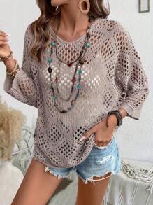 Breezaya Pull ample oversize à manches chauve-souris et couleur unie pour femmes