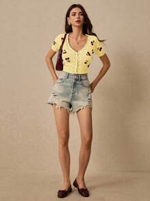 Poéselle Damen Lässig Kirschblüten Muster Cardigan mit Muschelabteilung, kurzärmlig, Sommer