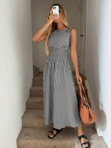 Easowa 女式无袖 A 字中长连衣裙，肩部系带蝴蝶结，腰部褶皱，格纹图案，休闲度假，优雅户外穿着，春夏季，波西米亚服装，老钱风格