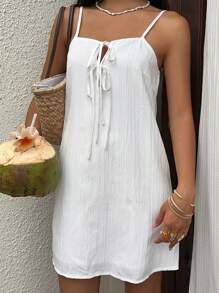 Sunnyshic Solid Textured Chiffon Spaghetti Strap Front Cutout Lace-Up A-Line Mini Dress - White - View 4