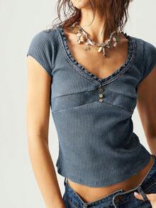 Bohemela Casual Solid Color V-Neck Short Sleeve Slim Fit Women T-Shirt Ribbed Top Knit Top Navy Ribbed Top Navy Knit Top Summer Top - Blue - View 4