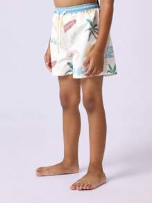 SUMWON 复古夏季海滩印花泳裤儿童泳池短裤夏威夷风格棕榈树冲浪板海浪图案弹性腰带抽绳开合