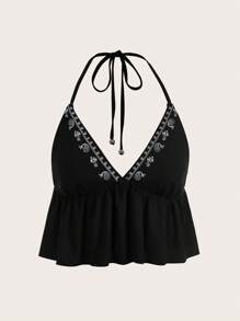 SHEIN EZwear 女士黑色刺绣针织露背上衣 - 黑色 - 查看 7