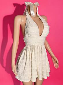 Slaydiva 2025 夏季新款度假优雅性感杏色深 V 露背挂脖女式迷你连衣裙，适合音乐节、复活节、西部游牧主义、度假、海滩、海边、日常郊游、生日派对、俱乐部、毕业季、波西米亚风格、约会、婚礼宾客服装，纹理面料-B - 杏色 - 查看 6