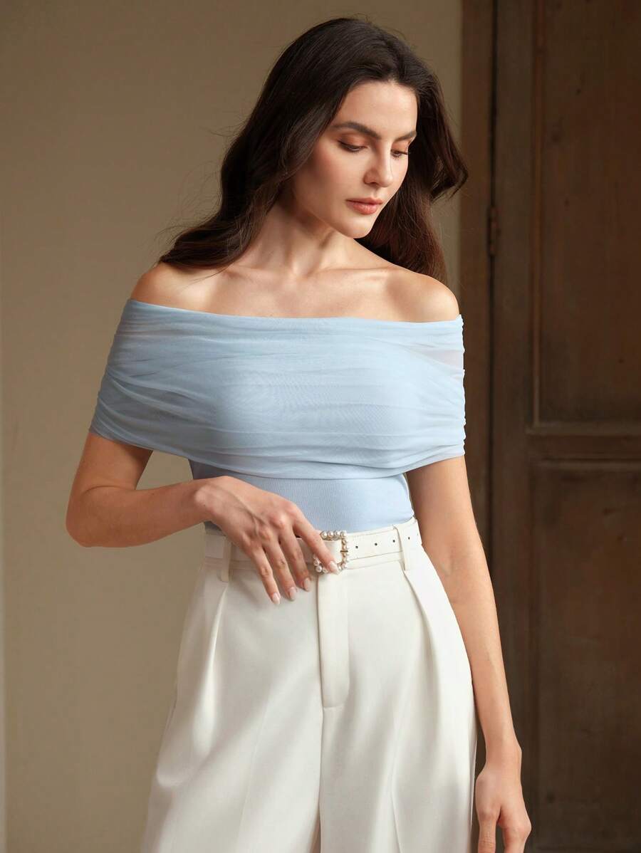 Anewsta Elegant Off-Shoulder Mesh Splice Fitted Waist Blouse Top For Women