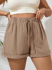 SHEIN VCAY Quần short thường ngày rộng rãi màu trơn buộc eo cho nữ cỡ lớn - Lạc đà - Xem 5