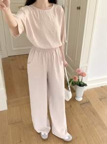 SHEIN 青少年女孩休闲通勤优雅度假纯色圆领短袖宽松裤套装