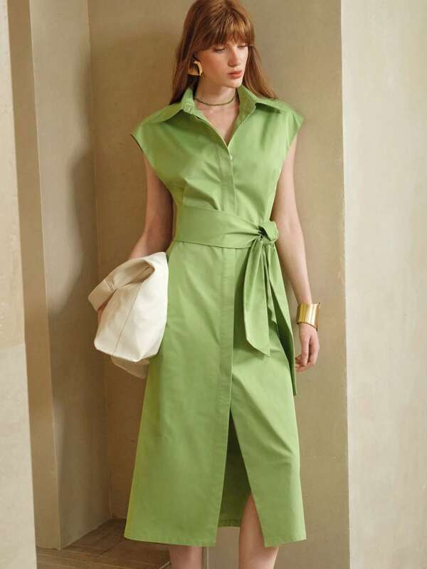 Arave Women's Green Wide Shoulder & Waist Belt Shirt Dress For Women, Work Summer Dresses Woman S Summer Clothes Women Summer Clothing Women S Clothes Business Casual Midi Dress