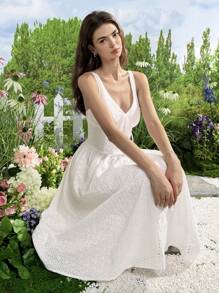 SHEIN EZwear 女士优雅纯色镂空刺绣中长连衣裙波西米亚风女装