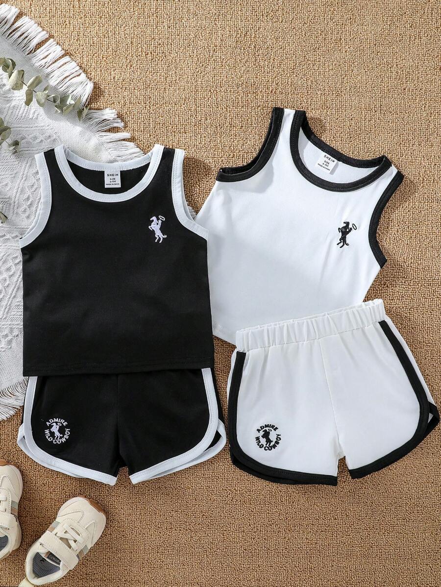 SHEIN 4pcs Baby Boy Set: Embroidered Sleeveless Top And Sports Shorts, Sports Style, Suitable For Summer Baby Clothes Set Boy Baby Sets Boy Clothes Set Boy Baby Clothes Baby Boys Sets Brand Baby Clothes Unisex Baby Clothes Neutral Bermuda Shorts 6M-3T, Infant Outfit Sets Boys Outfit Sets Summer Boy Clothes For Kids 3t Boy Clothes For Toddlers Kids Boys Clothing Summer Clothes For Boy - Black and White - View 1