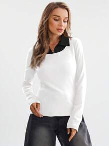 SHEIN LUNE 2024 Early Autumn New Knit Patchwork Mock 2-In-1 Women Top & T-Shirt Long Sleeve Tops - White - View 4