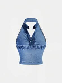 SHEIN MOD 女式无袖牛仔上衣，夏季时尚 - 深色水洗藍 - 查看 2