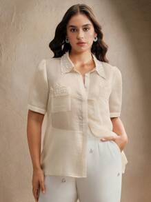 Anewsta Blus Lengan Pendek Transparan Berkerah Manik-Manik dan Hiasan Renda untuk Wanita Ukuran Besar - Aprikot - View 5