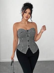 Elenzga 大码女式夏季办公室休闲通勤千鸟格印花无袖纽扣前短款吊带背心上衣 - 黑與白 - 查看 6