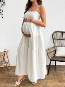 Vestido de maternidad informal de tirantes con volantes en el bajo, unicolor, para mujeres embarazadas - Beis - Ver 4