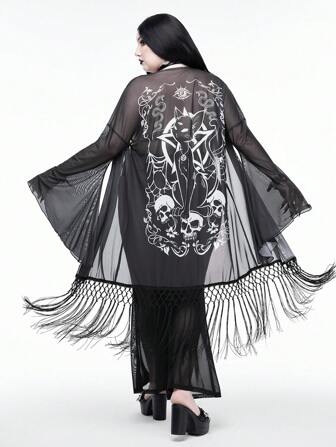 Goth Cubrecostillas de playa transparente con flecos y calavera de gato gótica, adecuado para vacaciones de verano, talla grande