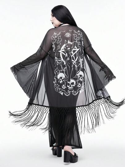 Goth Coprire da spiaggia in taglie comode , stile gotico, con teschi di gatto e frange, adatto per vacanze estive