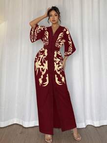 Chiquease 修身撞色印花长裙，春夏 - 酒紅色 - 查看 4