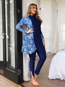 Swim Mulvari Plus Size Women's 2pcs Modest Mid-Eastern Style Color Block Long Top And Pants, Casual Beach/Resort Swimwear For Summer Beach Vacation - Blue - View 5