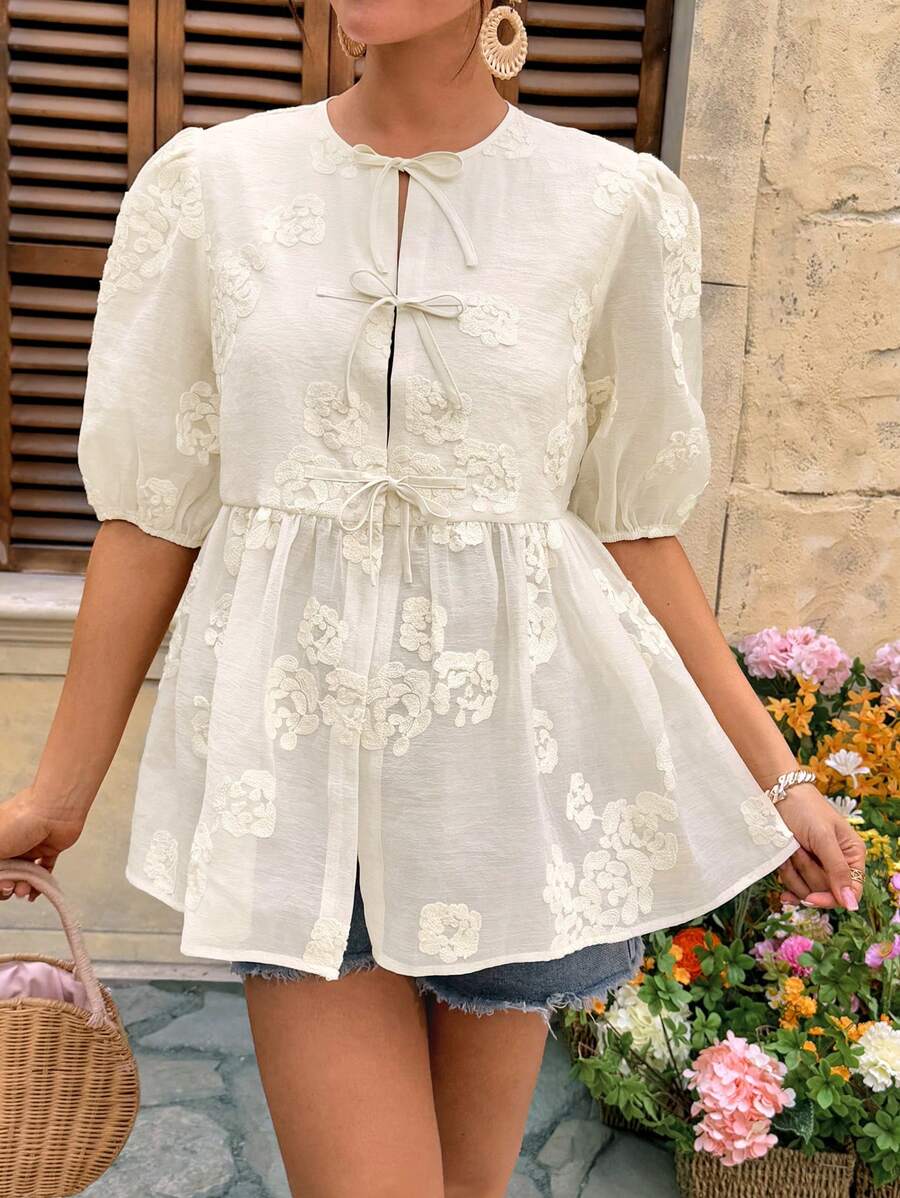 SHEIN 夏季休闲度假波西米亚风花卉孕妇衬衫 - 杏色 - 查看 1