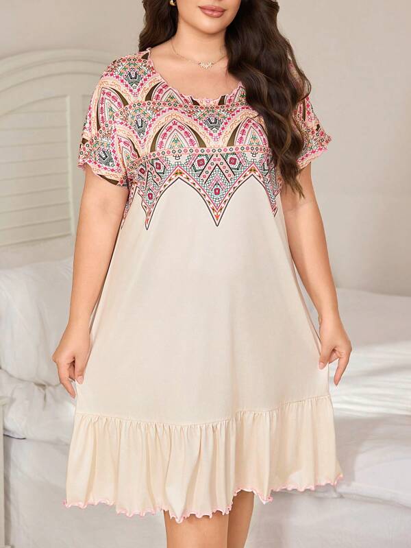 SHEIN Plus Size Women Geometric Printed Ruffle Trim Short Sleeve Casual Nightgown Women Nighty Women S Pajama Casual Dresses For Women Casual Dresses For Woman Dresses For Women Casual