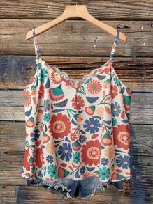 SHEIN VCAY 加大码女式花卉印花无袖 V 领荷叶边宽松休闲上衣，西式泳池派对椰子女孩夏季波西米亚风时尚波西米亚风格女士早午餐女士机场女士海滩度假城市休闲假期女士西部装女士加大码欧洲夏季海岛度假蜜月女士老钱女士夏季女士夏季衬衫夏季女士上衣蕾丝上衣 - 杏色 - 查看 2