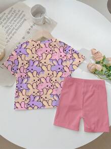 SHEIN طقم تي شيرت قصيرة الأكمام بياقة دائرية وسروال ضيق مناسب للفتيات الصغيرات ، مناسب للربيع/الصيف - متعدد الألوان - مشاهدة 3