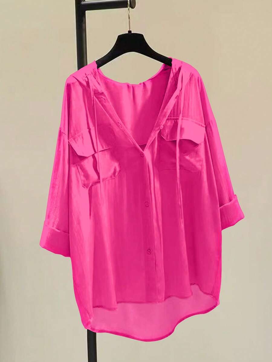 INAWLY Flap Pocket Drop Shoulder Drawstring Hooded Blouse Women Shirt Fall Cloth For Women - Hot Pink - View 1