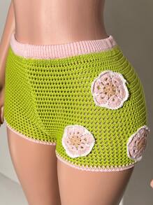 Slaydiva Green Floral,Summer,Boho,Vacation,Holiday Women 2Pcs Crochet Knit Swimsuit, Flower Pattern Triangle Bikini Top+Shorts,Music Festival Beach Party - Green - View 10
